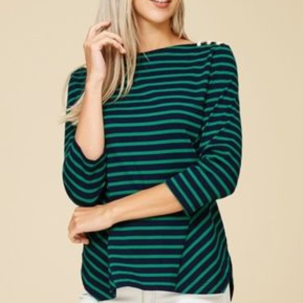 Crescent - NWT Cotton Stripe Emerald Black Lace Up top SML